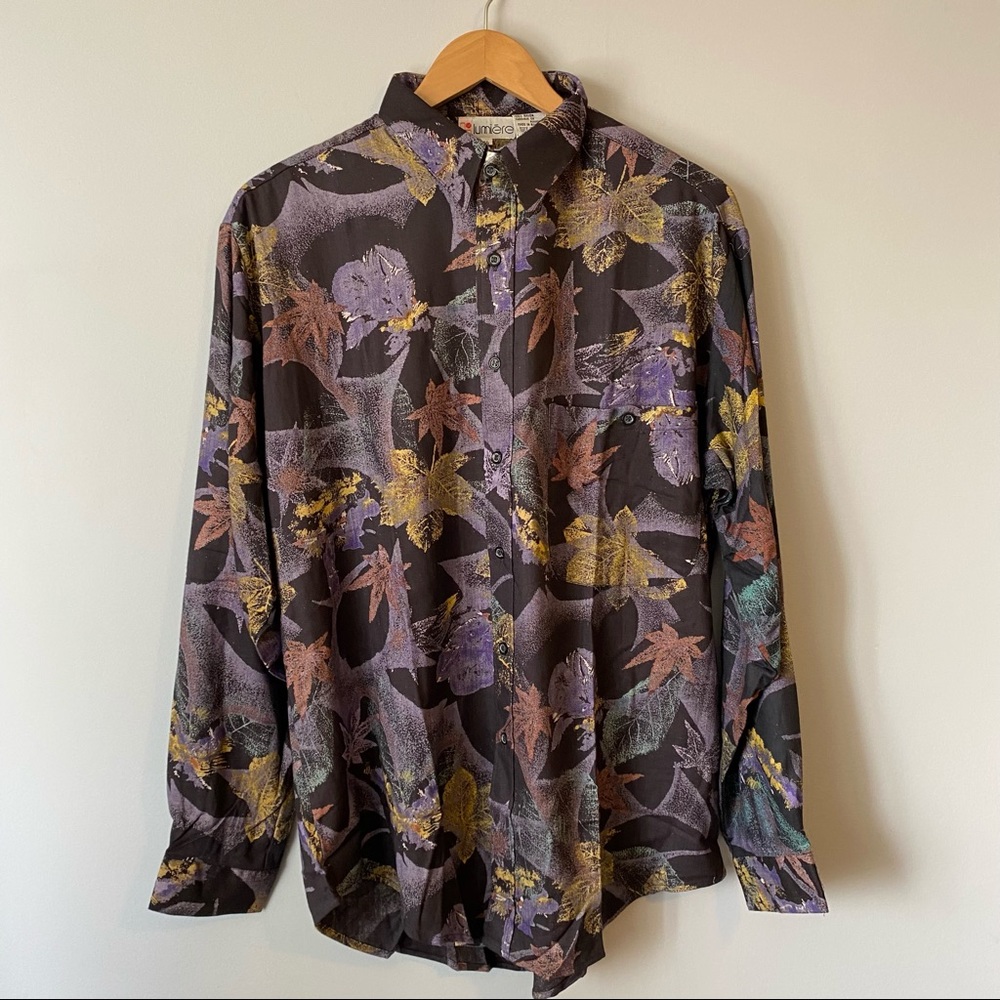 Lumiere men’s Vintage leaf pattern button up shirt long sleeves 80s 90s - size L
